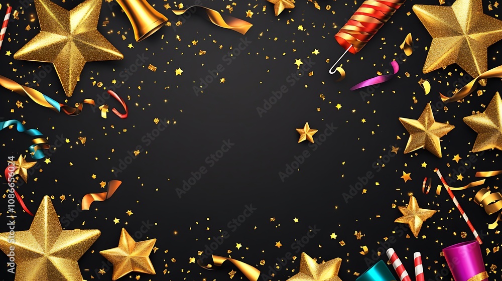 Festive black background with gold stars, confetti, streamers, and party poppers. Festive black background with gold stars, confetti, streamers, and party poppers.