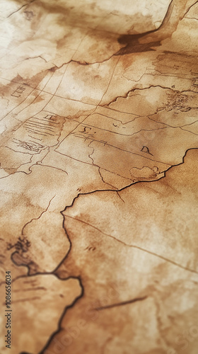 Background, an old map on parchment with hand-drawn details