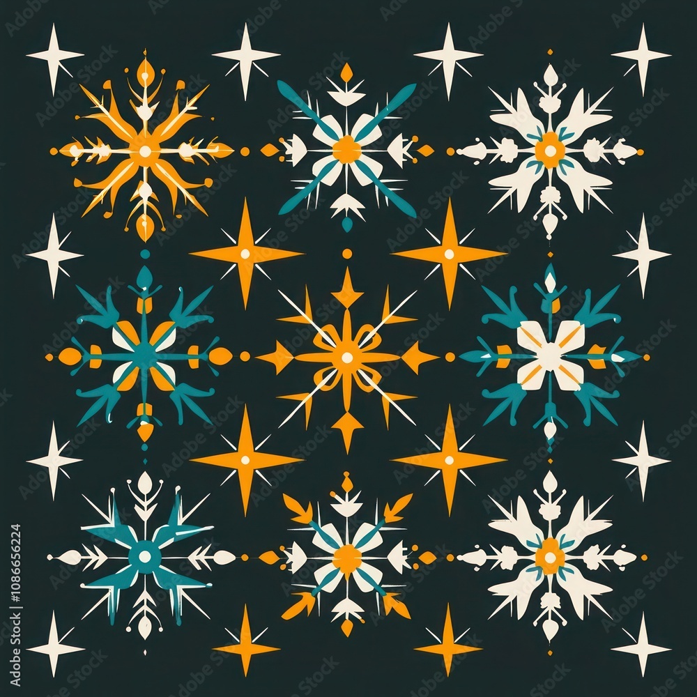 Minimalist snowflake and star icons in a square pattern on Deep Charcoal background using Goldenrod, Teal Blue, and Bright White with Charcoal Gray shadows  and Light Gray emboss 
