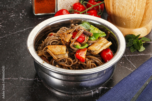 Buckwheat Soba with eel and vegetavles photo