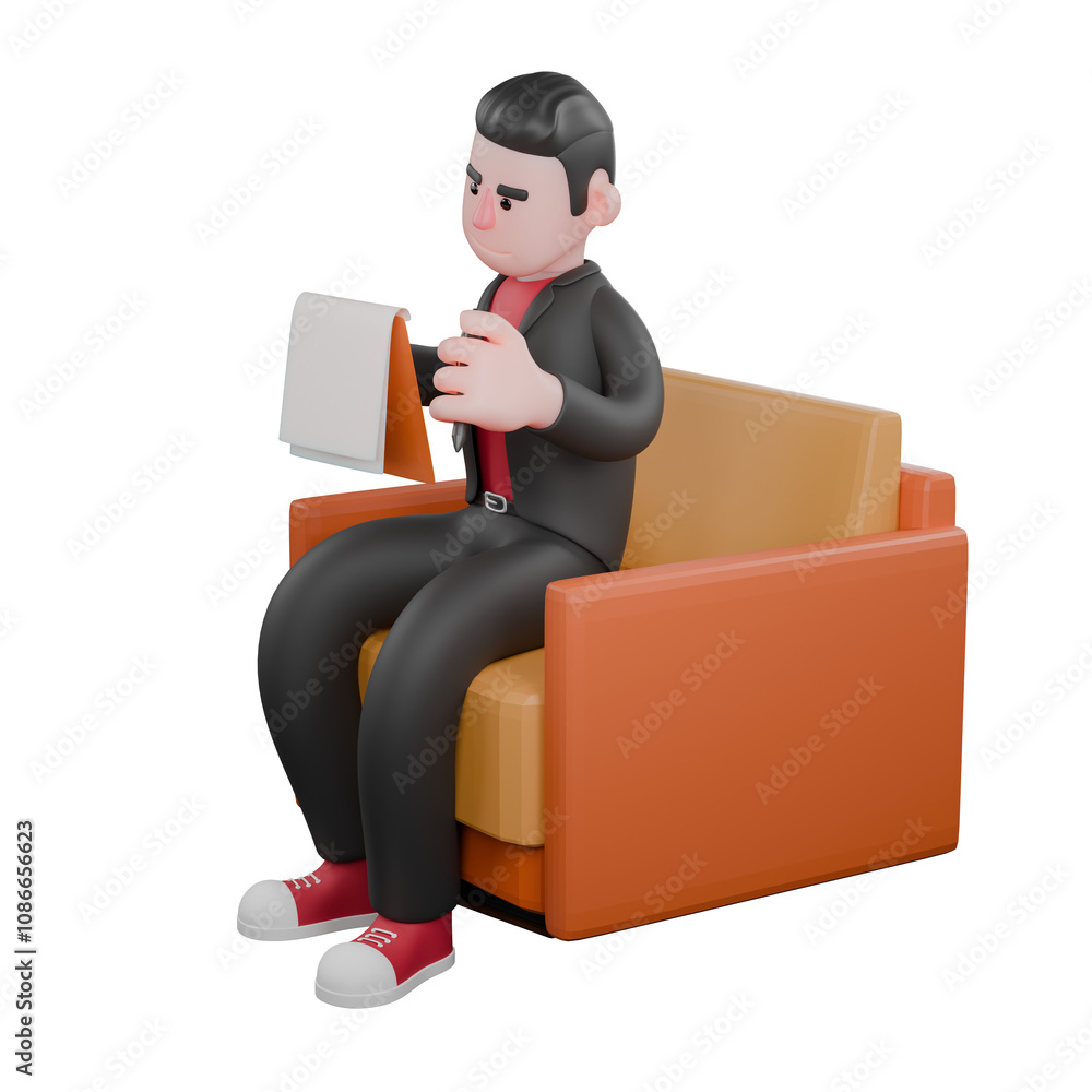 3D Animated Dance Artist. A male choreographer sits on a sofa while reading the writing on the clipboard in his right hand. Choreographer Performer 3D Animated Dance Artist. A male choreographer sits on a sofa while reading the writing on the clipboard in his right hand. Choreographer Performer