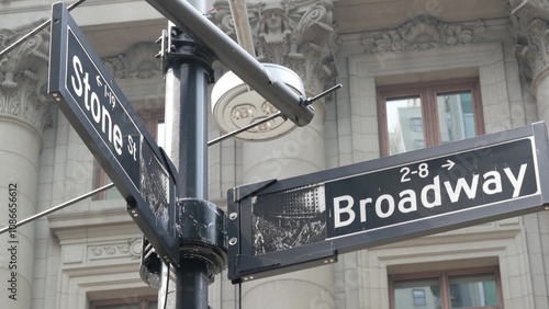 Broadway street road sign, Manhattan downtown financial district architecture, New York City corner. Traffic signage. Canyon of Heroes.