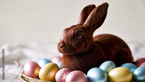 Brown cute Easter bunny and Easter colorful eggs.