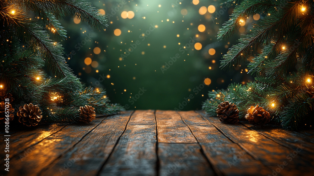 Rustic christmas scene with pine branches, twinkling lights, and wooden surface. Rustic christmas scene with pine branches, twinkling lights, and wooden surface.