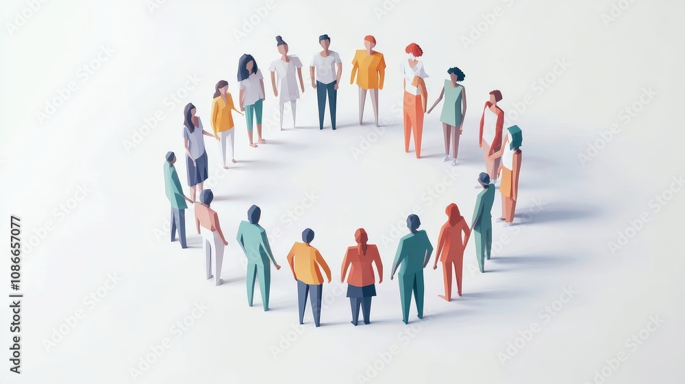 Diverse Group of People Standing in a Circle in Delicate Pastel Tones, Symbolizing Unity, Collaboration, and Community Engagement in Modern Artistic Style Diverse Group of People Standing in a Circle in Delicate Pastel Tones, Symbolizing Unity, Collaboration, and Community Engagement in Modern Artistic Style