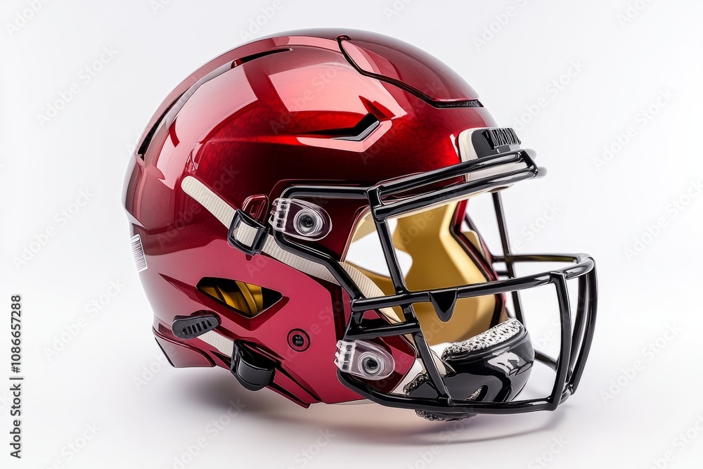 Fototapeta premium A sleek red football helmet with a modern design. The shiny surface highlights its unique style. Perfect for sports enthusiasts and collectors. Generative AI