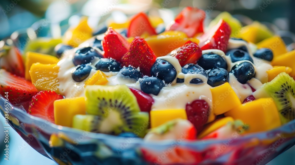 A colorful bowl of fresh fruits, featuring strawberries, kiwi, blueberries, and mango slices, drizzled with creamy condensed milk, creating a delightful and refreshing treat bursting with flavor. A colorful bowl of fresh fruits, featuring strawberries, kiwi, blueberries, and mango slices, drizzled with creamy condensed milk, creating a delightful and refreshing treat bursting with flavor.