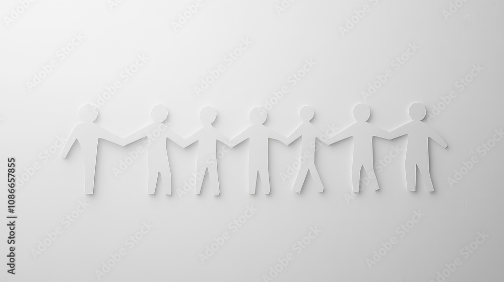 Creative and Minimalistic Representation of Unity and Cooperation with Paper Cutout Figures Holding Hands Against a Clean White Background Creative and Minimalistic Representation of Unity and Cooperation with Paper Cutout Figures Holding Hands Against a Clean White Background