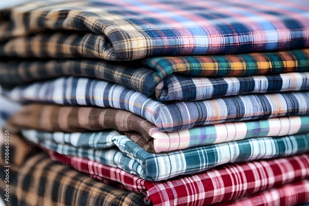Neatly Folded Stacks of Plaid Shirts in Varied Colors Neatly Folded Stacks of Plaid Shirts in Varied Colors
