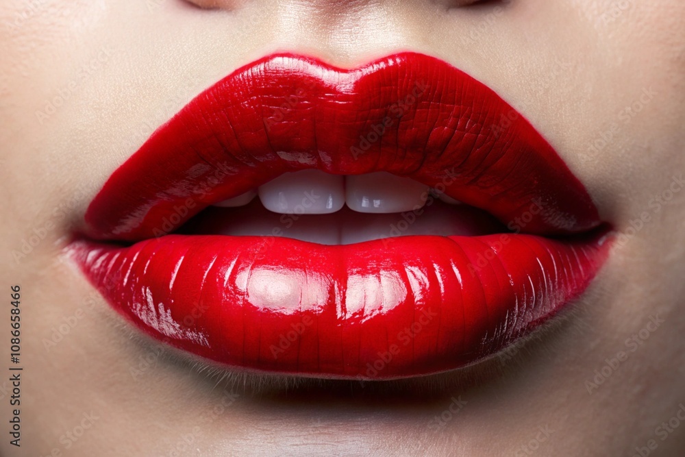 A woman's lips are painted red and she is smiling A woman's lips are painted red and she is smiling