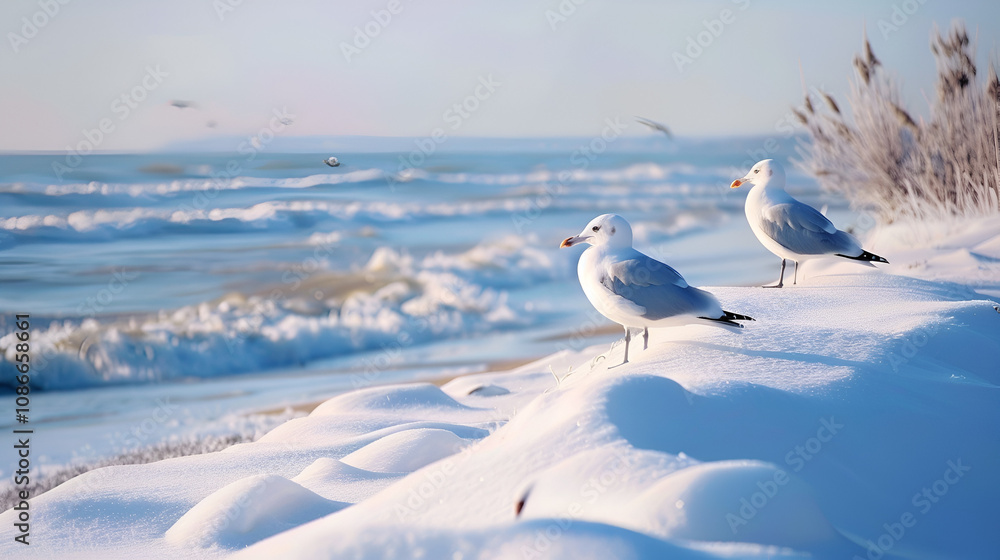 Serene snowy beach with seagulls resting frozen sand and calm waves unusual coastal winter copy space Serene snowy beach with seagulls resting frozen sand and calm waves unusual coastal winter copy space