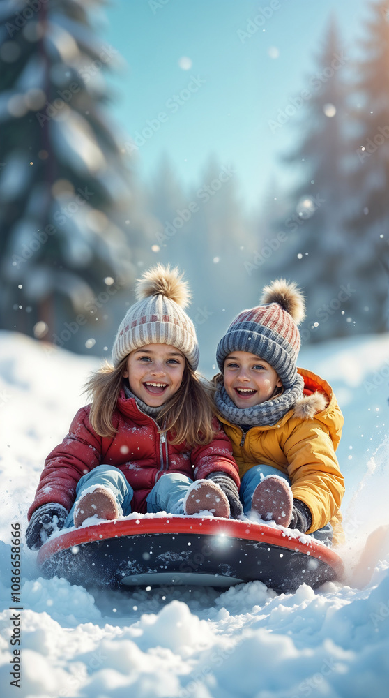Children enjoy the joy of sledding down the hill, falling snowflakes and bright smiles. Children enjoy the joy of sledding down the hill, falling snowflakes and bright smiles.