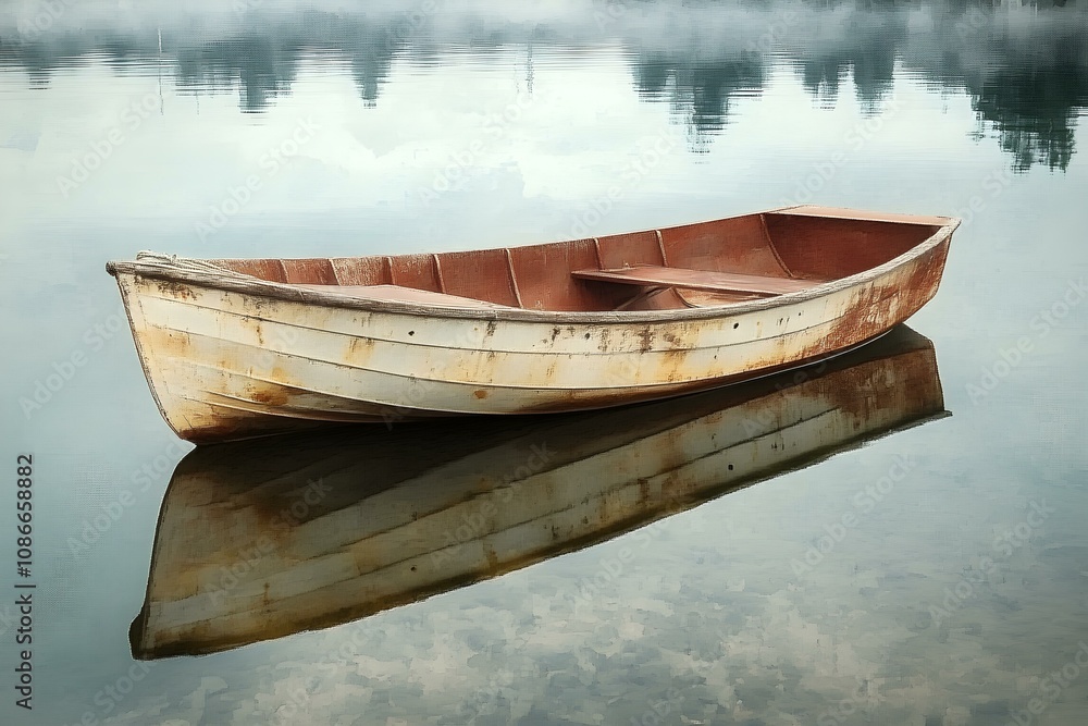 Obraz premium Vintage Boat Resting Peacefully on Serene Misty Lake