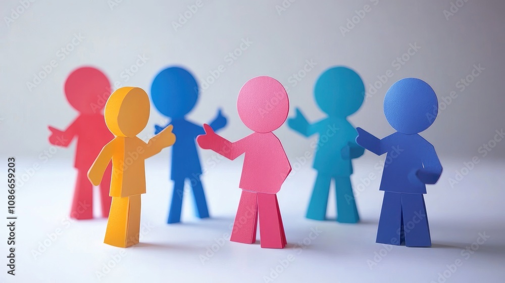 Colorful Paper Figures Engaging in Conversation and Communication in a Creative Setting, Representing Teamwork, Collaboration, and Social Interaction Colorful Paper Figures Engaging in Conversation and Communication in a Creative Setting, Representing Teamwork, Collaboration, and Social Interaction