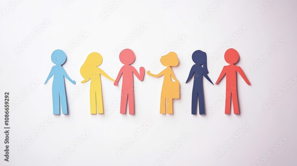 Colorful Paper Cutouts Representing Diversity and Unity in Community, Showcasing Various Figures of Different Genders and Backgrounds Holding Hands Against a Clean Background Colorful Paper Cutouts Representing Diversity and Unity in Community, Showcasing Various Figures of Different Genders and Backgrounds Holding Hands Against a Clean Background