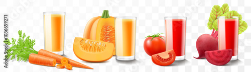 Set of vegetable juices or smoothies isolated on transparent background. Bright vegetable cocktails in a glass with ripe vegetables. Realistic 3d vector illustration. Summer design. Healthy food