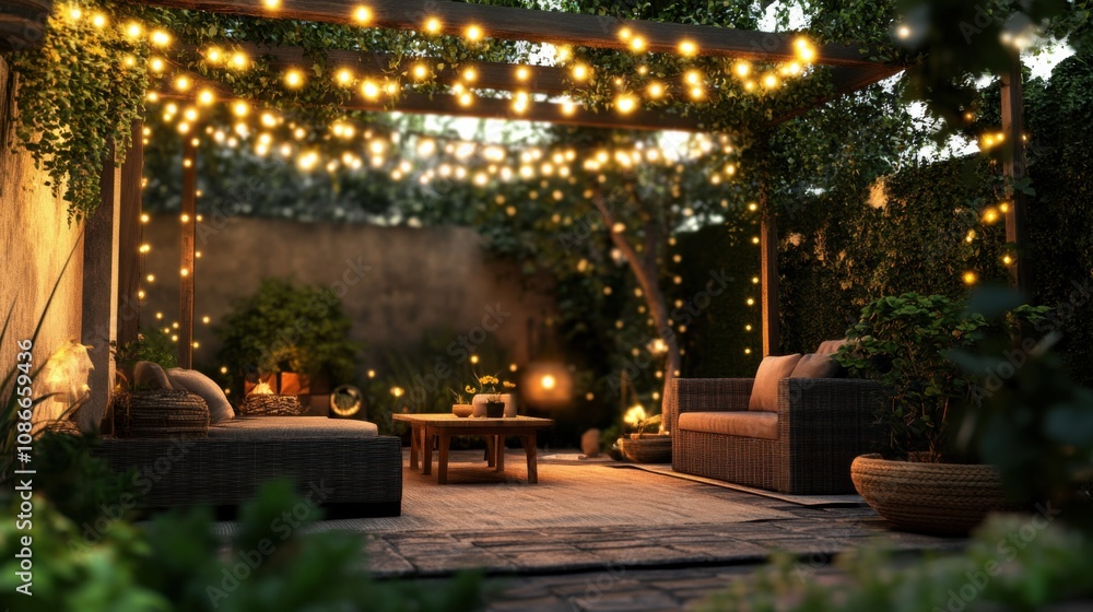 Cozy outdoor seating area with string lights and greenery quality Cozy outdoor seating area with string lights and greenery quality