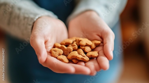 A person holds a handful of small, golden-brown snacks, resembling animal shapes.