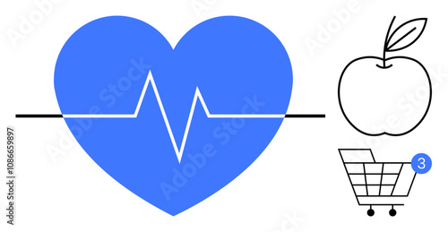 Heartbeat line across blue heart, simple apple outline, shopping cart with notification badge. Ideal for healthcare, fitness, online shopping, wellness, nutrition e-commerce lifestyle. Line