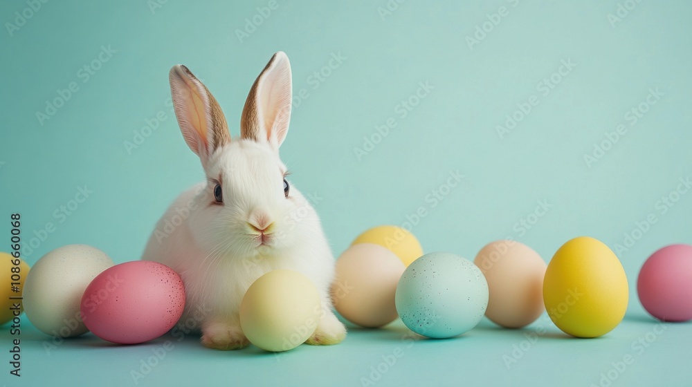Festive bunny and colorful eggs arranged on a vibrant quality Festive bunny and colorful eggs arranged on a vibrant quality