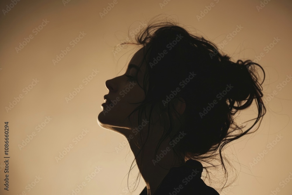 Portrait of a young woman looking up side view horizontal silhouette Portrait of a young woman looking up side view horizontal silhouette