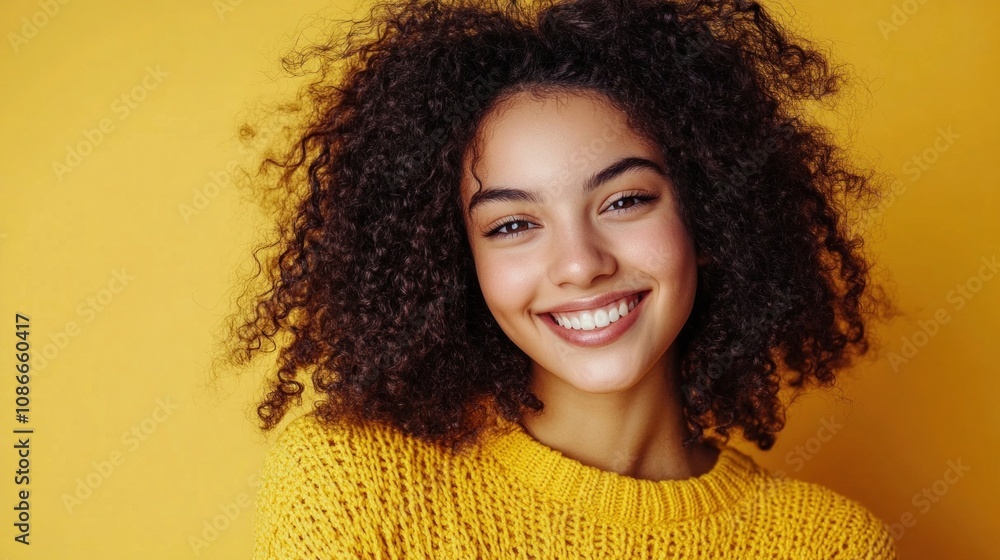 Cheerful woman with curly hair in yellow sweater. Wide smiling for joyful designs. Happy lifestyle image. Cheerful woman with curly hair in yellow sweater. Wide smiling for joyful designs. Happy lifestyle image.