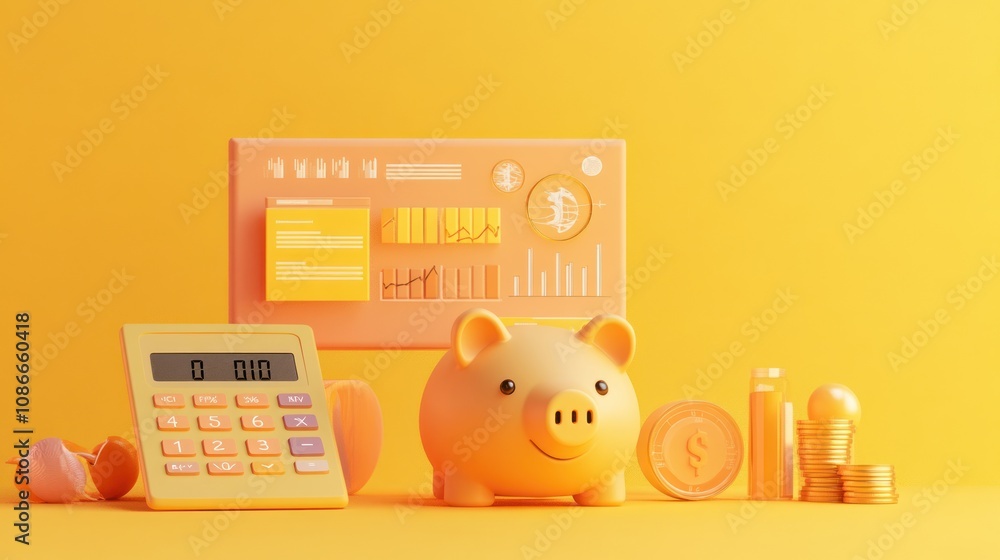 A cheerful piggy bank, calculator, and coins against a vibrant yellow background symbolize savings. A cheerful piggy bank, calculator, and coins against a vibrant yellow background symbolize savings.