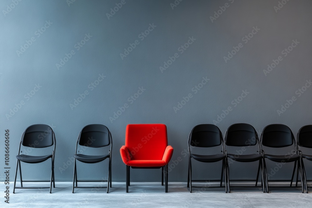 Obraz premium A modern waiting area featuring a striking red chair amid simple black ones. This image evokes a feeling of contrast and solitude. Perfect for design themes. Generative AI