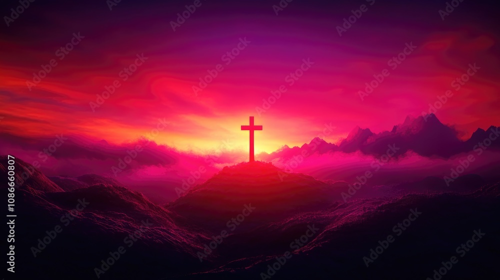 Silhouette of a religious cross atop a hill with a colorful sunrise sky featuring vibrant pink and orange hues blending with soft clouds. Silhouette of a religious cross atop a hill with a colorful sunrise sky featuring vibrant pink and orange hues blending with soft clouds.