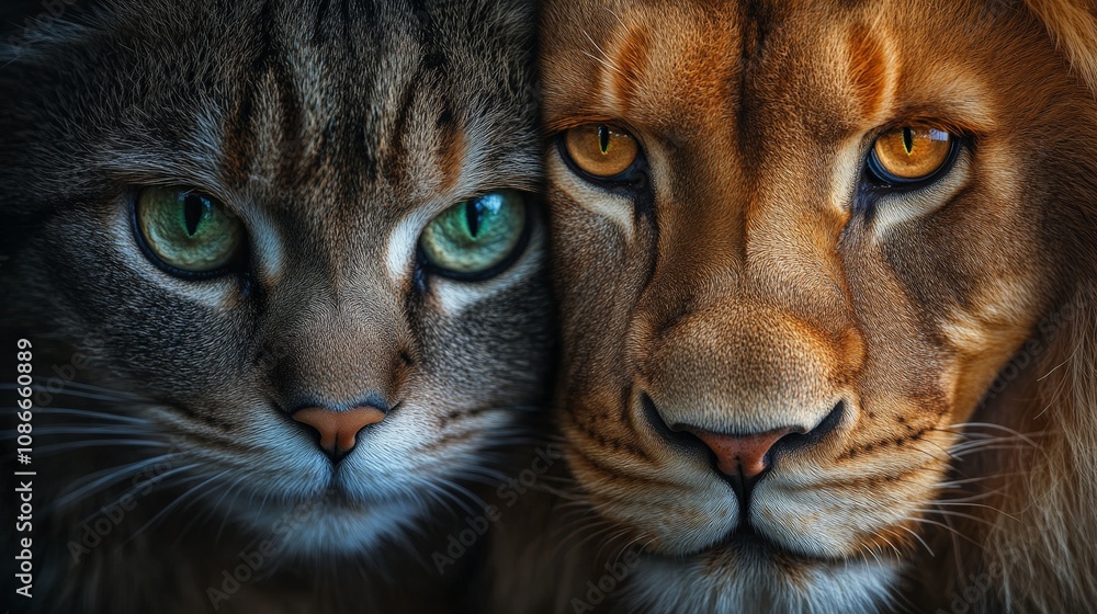 Lion and domestic cat half face comparison, strength vs. gentleness Lion and domestic cat half face comparison, strength vs. gentleness