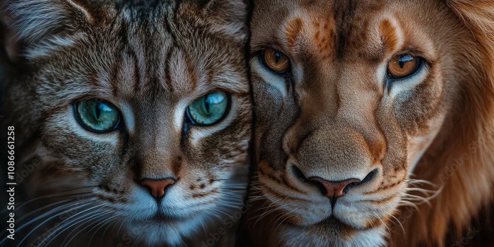 Lion and domestic cat half face comparison, strength vs. gentleness Lion and domestic cat half face comparison, strength vs. gentleness