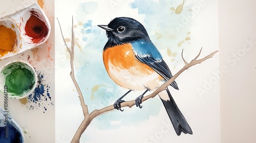 Little cute bird painted with watercolors on a white sheet photo