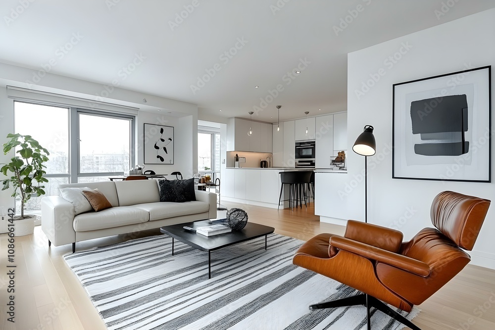 Fototapeta premium Sleek Contemporary Open-Plan Living Room with Leather Furniture