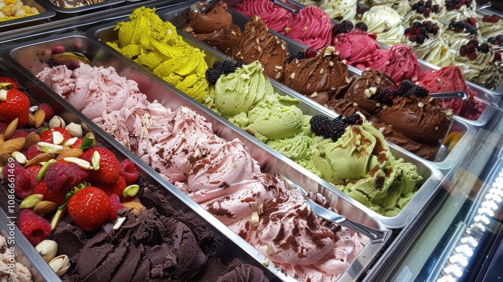 Fototapeta premium A variety of ice creams, each topped with fresh fruits and crunchy nuts. The mix of sweet, creamy textures with the vibrant toppings offers a delightful and refreshing treat.