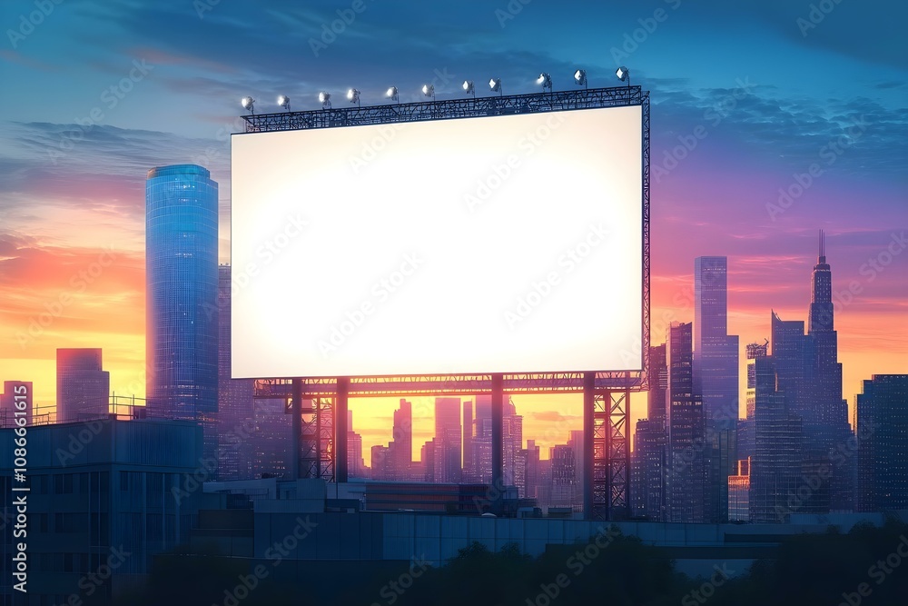 Sunset Urban Skyline with Large Blank Billboard Sunset Urban Skyline with Large Blank Billboard
