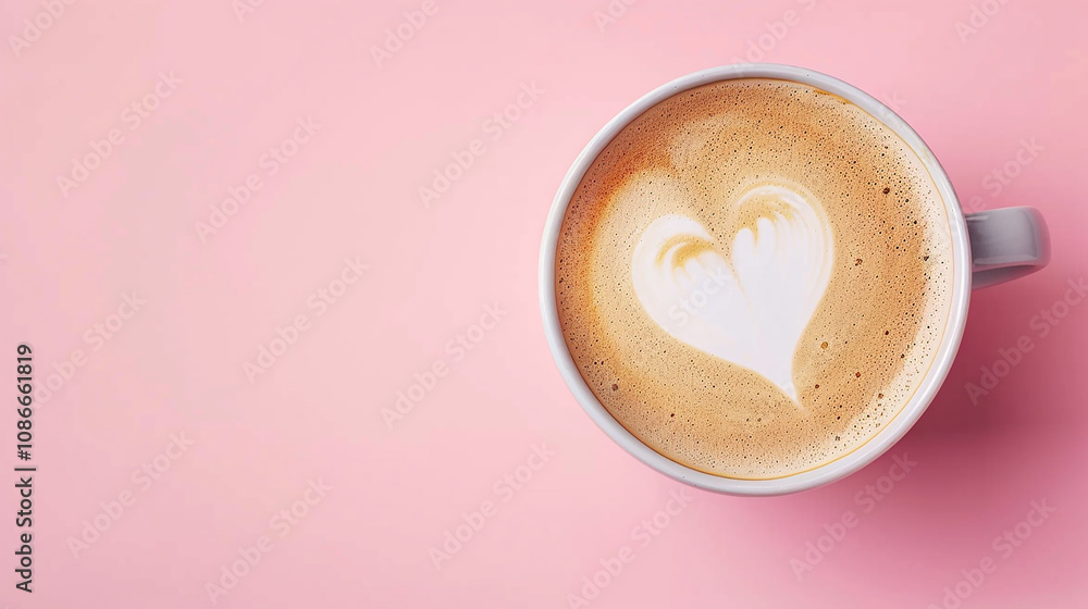 Warm and Inviting Coffee Cup with Heart-Shaped Latte Art on Pink Background Creating an Aesthetic and Serene Atmosphere for Coffee Lovers and Enthusiasts