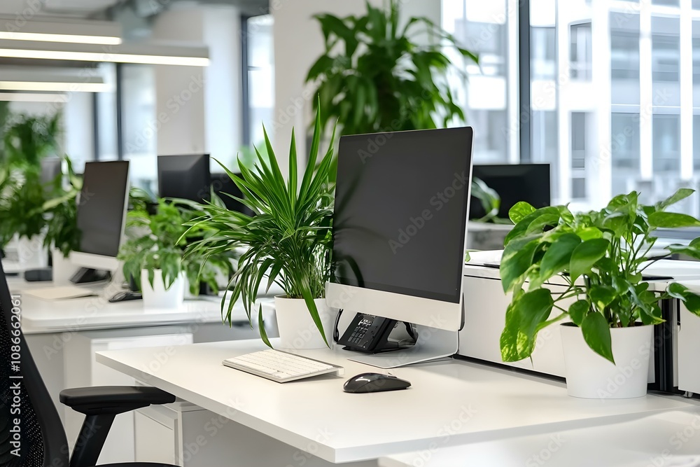 Fototapeta premium Contemporary Office with Clean White Desks and Vibrant Accents