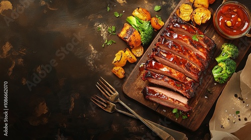 Roasted sliced barbecue pork ribs on kitchen board photo