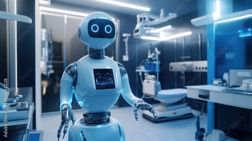 Robot conducting a medical checkup using sensors and AI in quality Robot conducting a medical checkup using sensors and AI in quality