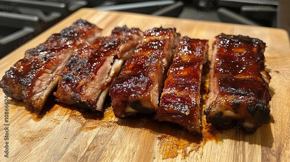 Roasted sliced barbecue pork ribs on kitchen board Roasted sliced barbecue pork ribs on kitchen board