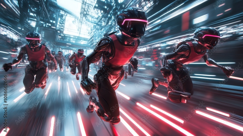 Obraz premium Virtual race with participants in exoskeletons and helmets, quality