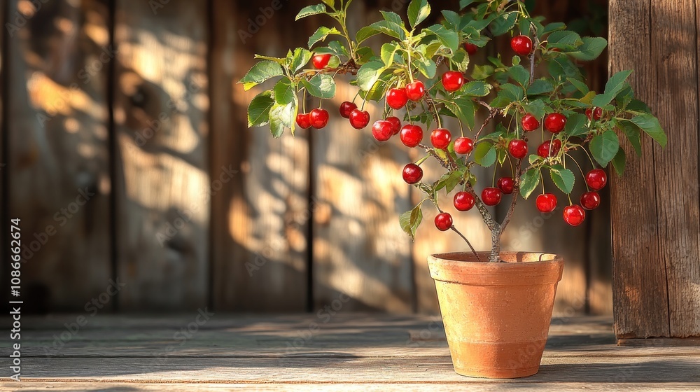 A small potted cherry tree with ripe red cherries, set against a rustic wooden background. A small potted cherry tree with ripe red cherries, set against a rustic wooden background.