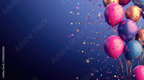 Colorful balloons adorned with confetti against a deep blue background, perfect for festive events like birthdays, weddings, and celebrations. photo