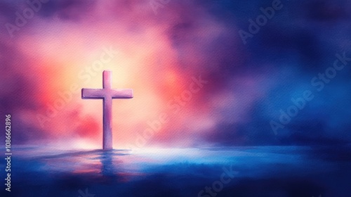 Watercolor illustration of a cross symbolizing Christian faith, set against a softly blurred, ethereal background with vibrant colors and ample copy space.