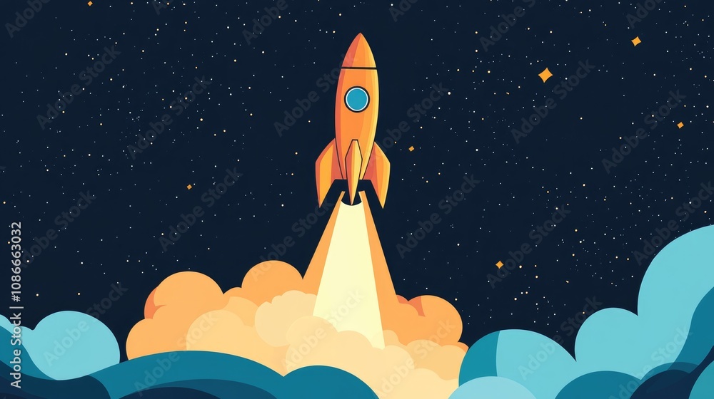 Rocket soaring through a starry sky, surrounded by a vibrant blast of flames, symbolizing the excitement of space exploration and successful launches. Rocket soaring through a starry sky, surrounded by a vibrant blast of flames, symbolizing the excitement of space exploration and successful launches.