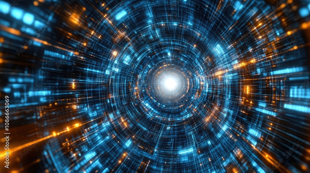 Digital tunnel with vibrant blue and orange lights spiraling towards a bright central white light, creating a futuristic and dynamic atmosphere. Digital tunnel with vibrant blue and orange lights spiraling towards a bright central white light, creating a futuristic and dynamic atmosphere.