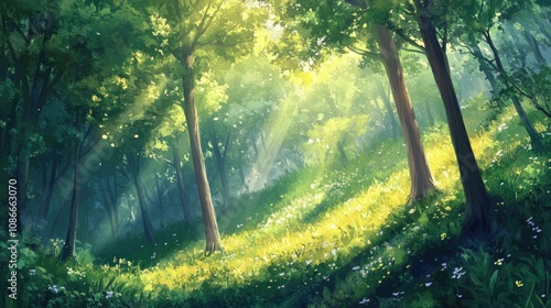 Gentle sunlight illuminates a lush forest hillside, casting warm rays through dense trees and highlighting a carpet of vibrant greenery and wildflowers.