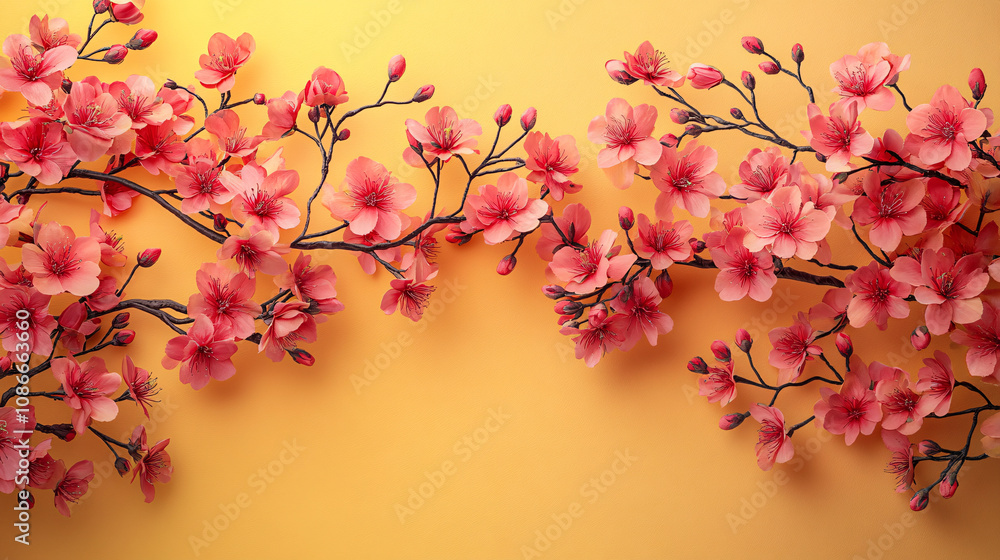 Elegant cherry blossom branches with pink flowers on a pastel yellow background, perfect for spring promotions, Chinese New Year, or floral-themed designs. Elegant cherry blossom branches with pink flowers on a pastel yellow background, perfect for spring promotions, Chinese New Year, or floral-themed designs.