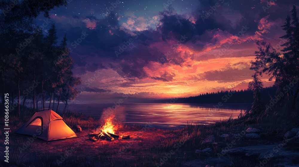 Serene Campsite at Dusk with Friends Setting Up Tents, Glowing Bonfire, and Vibrant Sunset Over Calm Water and Forested Horizon Serene Campsite at Dusk with Friends Setting Up Tents, Glowing Bonfire, and Vibrant Sunset Over Calm Water and Forested Horizon