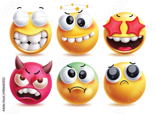 Star eyes emoji vector characters set. Clip art emojis in funny, dizzy hurt, red star eyes, evil, sick and mood off facial expressions icon elements in white background. Vector illustration excited 